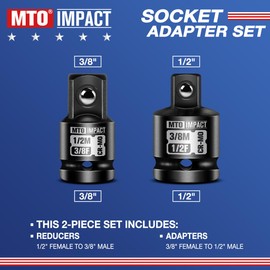 MTO 2-Piece Impact Socket Adapter and Reducer Set, 1/2" Female to 3/8" Male Reducer, 3/8” Female to 1/2” Male Adapter, Chrome Molybdenum Alloy Steel