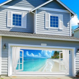 Beach Window Ocean Garage Door Cover, Summer Hawaiian Tropical Sea Beach Party Garage Door Background Decoration, Palm Tree Party Backdrop Banner Wedding Outdoor Large Size 16X7FT