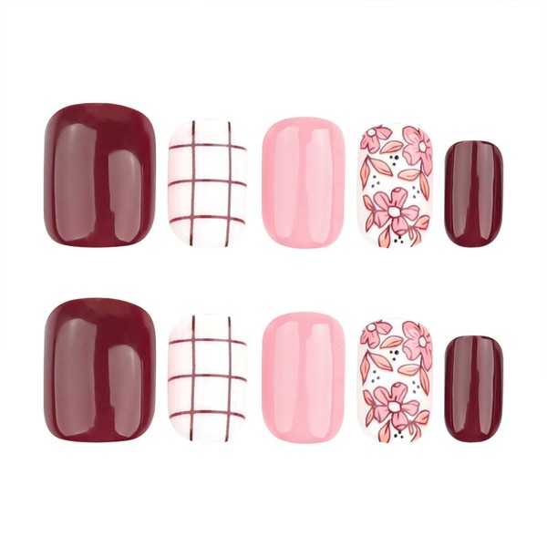 Fall Press on Nails Short Square Burgundy Fake Nails Pink