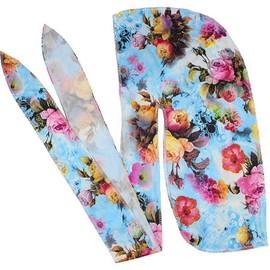 Floral Print Men Soft Silk Durag Long Tail Straps Spandex Wave Cap Bandanas Hat (Blue)