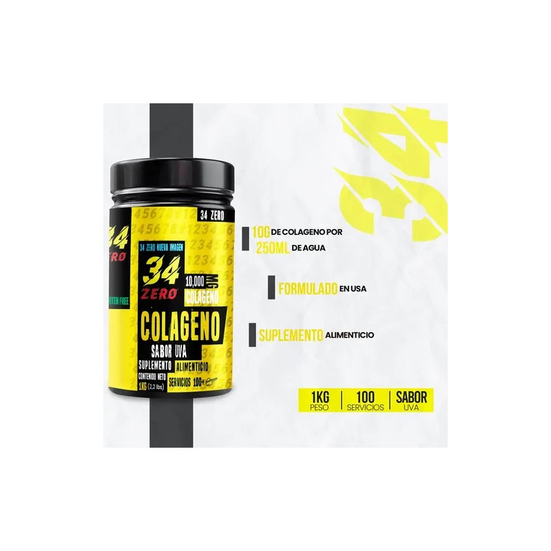 34 Zero Colágeno Hidrolizado 1kg Polvo Sabores 200 Servicios