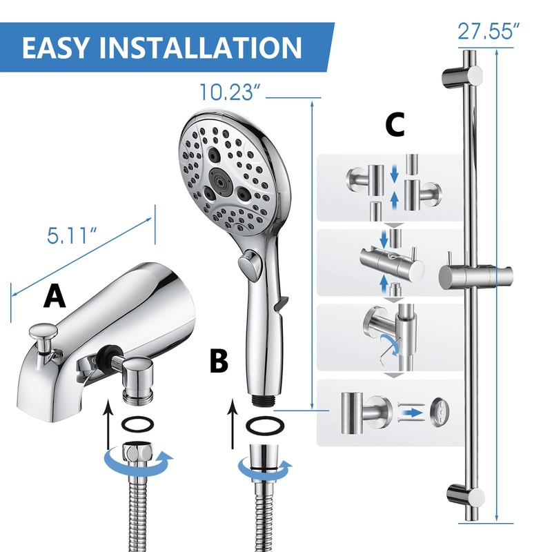 PROOX All Metal Diverter Tub Spout, 6 Settings Hand Held
