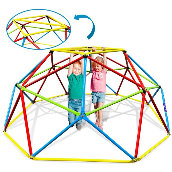 FITNESS REALITY KIDS 6FT Climbing Dome, Indoor & Outdoor Geometric Dome Climber Jungle Gym with Parachute for Ages 3-10, Toddler Climbing Toy, Green/Yellow/Red/Blue (8611)