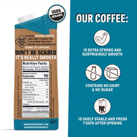 Wandering Bear Organic Vanilla Cold Brew Coffee, 32 fl oz, 6 pack - Extra Strong, Smooth, Organic, Unsweetened, Shelf-Stable, and Ready to Drink Iced Coffee, Cold Brewed Coffee, Cold Coffee