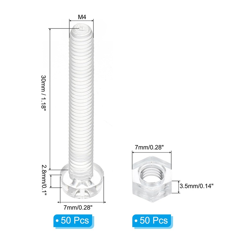 PATIKIL M4x30mm Acrylic Bolts with Hexagon Nuts, 50 Set, Transparent