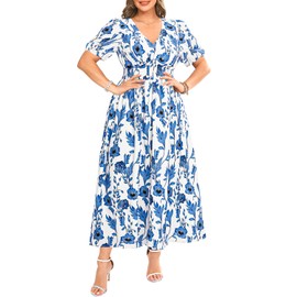 Women Plus Size Floral Dresses Blue White Maxi Summer Casual Easter Short Puff Sleeve Smocked Fit Flare Long Dresses