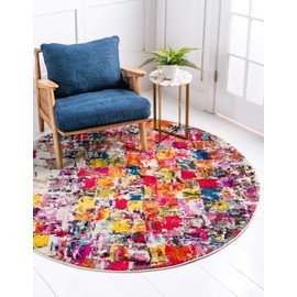 Unique Loom Estrella Collection Abstract, Bright Colors, Distressed, Modern Area Rug (8' 0 x 8' 0 Round, Multi/Beige)