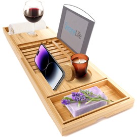 SereneLife Luxury Bamboo Bathtub Caddy Tray - Adjustable Natural Wood Bath Tub Organizer with Wine Holder, Cup Placement, Soap Dish, Book Space & Phone Slot for Spa, Bathroom & Shower SLBCAD20