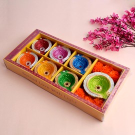 SATVIK 7 Pc (6+1) Designer Multicolor Clay Diya Earthen Diya Terracotta Acrylic Dia Traditional Puja Vilakku Oil Lamp Natural Mitti Welcome Diwali Deepawali Pooja Decor Indian Housewarming Gift Items