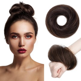 TESSHAIR Human Hair Messy Bun Hair Piece Scrunchie Dark Brown Hair Pieces for Updos Style Natural Wavy Hair Extension Scrunchie 100% Real Human Hair Updo Hair Pieces for Women Girls