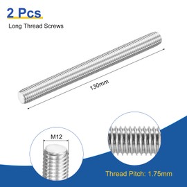 sourcing map M12x130mm Fully All Threaded Rod, 2Pcs 316 Stainless Steel Long Threaded Screw 1.75mm Thread Pitch Right Hand Threads for Furniture Mounting Assembly Fastening