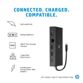 HP Travel USB-C Multi Port Hub, USB-C Pass Through Charging, 1 Gbps RJ45 Ethernet Port, Simultaneous HDMI and VGA Connections, Multiple USB, SD, Micro SD Ports - Black