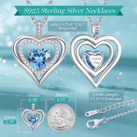 Necklaces for Women Birthstone Love Heart Pendant 925 Sterling Silver Jewellery Gifts for Mum Her Wife Girlfriend Anniversary Birthday Mothers Day Christmas