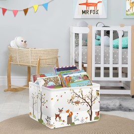 Clastyle White Wildtier Würfel Aufbewahrungskorb für Babyzimmer Hirsch Fuchs Vogel Eichhörnchen Kaninchen Baum Wasserdicht Rechteckig Regalkörbe Kleidung Spielzeug Kinder Aufbewahrungsbox, 36x26x23 cm