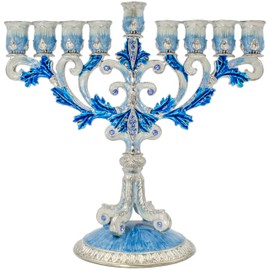 Enameled Metal Menorah with Jeweled Accents (Hand-Painted Enamel Menorah Blue/White/Silver)