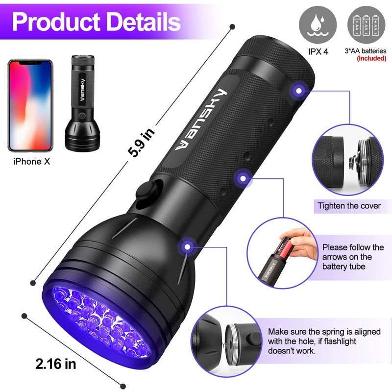 Vansky Black Light UV Flashlight, Upgraded 51 LED 395nm Blacklight