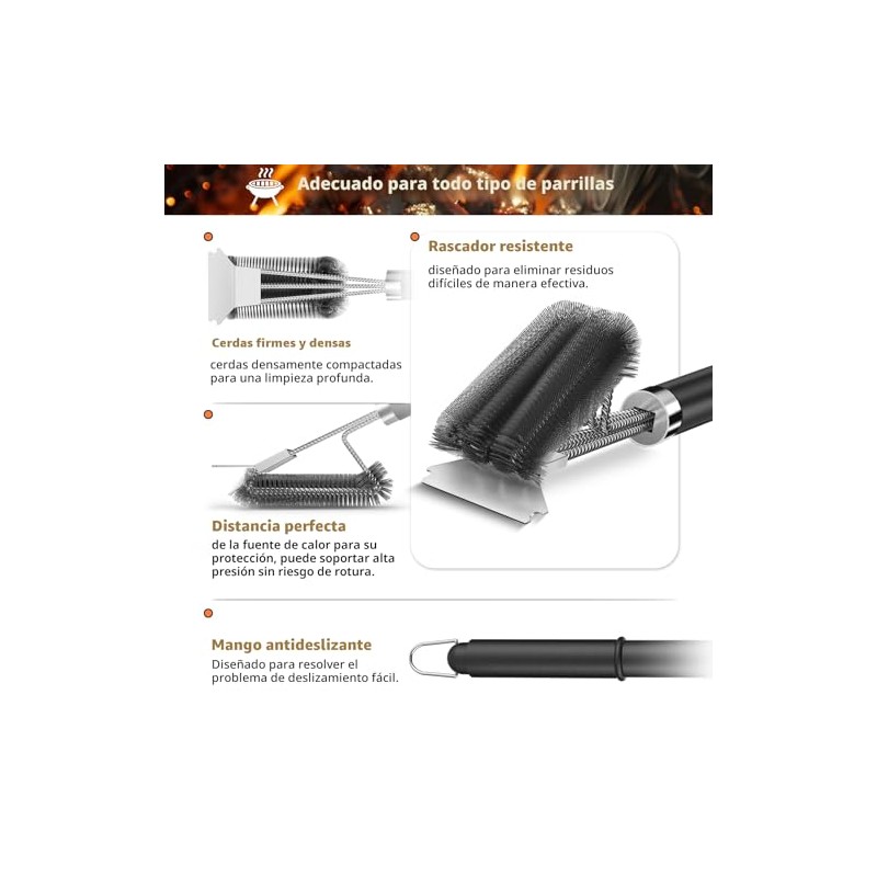 TNTOR - Cepillo para parrilla con raspador, mango ajustable de