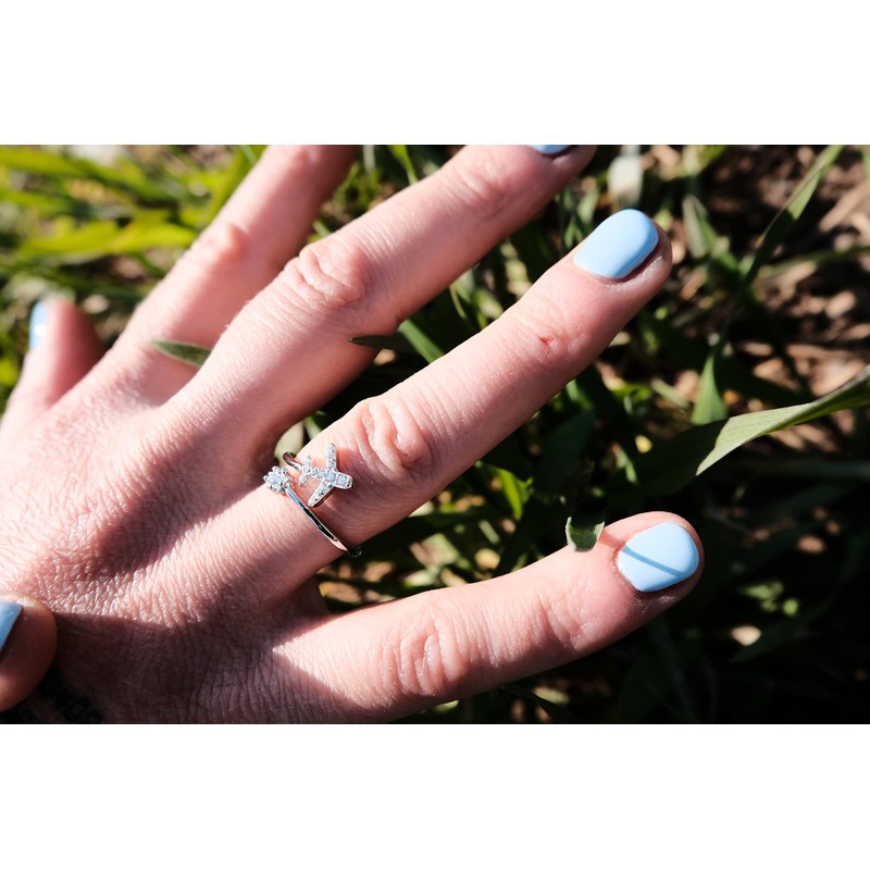 925 Sterling Silver Aeroplane Ring with Sparkling Zircons - High