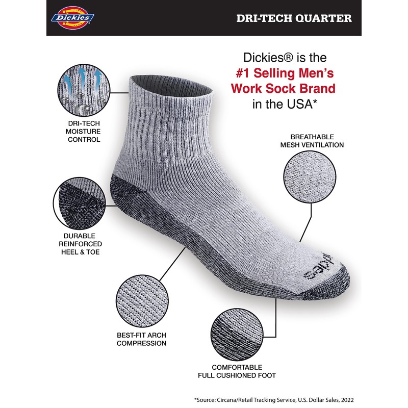 Dickies Dri-tech - Calcetines para hombre, con control de humedad,