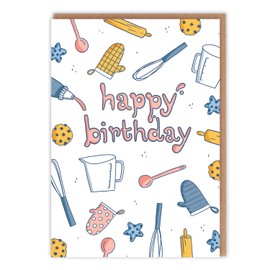 Baking Lovers Theme Birthday Card - Cute Illustrations of Baking Essentials 'Happy Birthday' - Cute Birthday For Her For Him