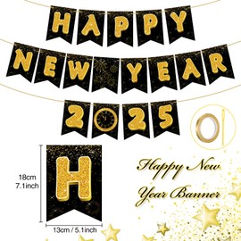 TaoBary Happy New Year 2025 Banner Gold Black Paper Flowers Flag Bunting Swirl Streamers New Years Eve Party Supplies Happy New Year Decorations