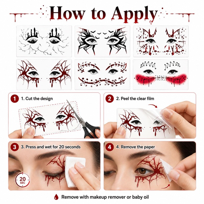Halloween Freckle Temporary Tattoo Stickers 6 Sheets Scary Bloody Drip