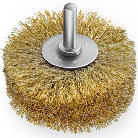 S&R Steel Wire Round Brush, Sanding Brush Brass 80 mm x 35 mm, Wood Structure Brush Brass-Plated, 0.25 mm Wavy Round Shaft 8 mm, Wire Brush for Wood, Metal, Stainless Steel, Plastics