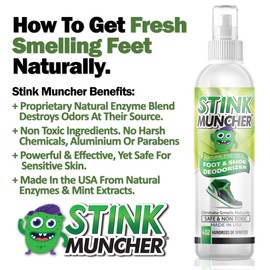 Stink Muncher Natural Enzyme Shoe Deodorizer Spray, Foot Odor Eater, Eliminator & Freshener | Wipe Out the Cause Of Smells At Their Source | Made In the USA
