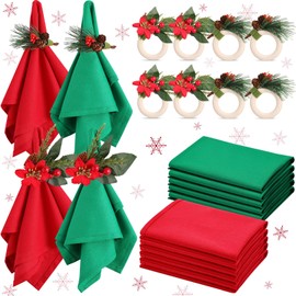 Ziliny 16 Pcs Cotton Christmas Napkins and Rings Set 8 Pcs Washable Christmas Napkins Cloth 8 Pcs Christmas Napkin Rings Holder for Home Dinner Table Setting Xmas Party Supply(Pine Blossom)