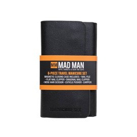 Mad Man 6-Piece Travel Manicure Set for Men Compact & Portable Grooming Kit with Nail Clippers, File, Scissor, and Ear Pick in Magnetic Case - Black