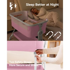 Larex Baby Bassinet, Baby Bassinet Bedside Sleeper with Storage Basket and Wheels, Height Adjustable Portable Crib for Newborn Infant, Easy Assemble and Folding(Pink)