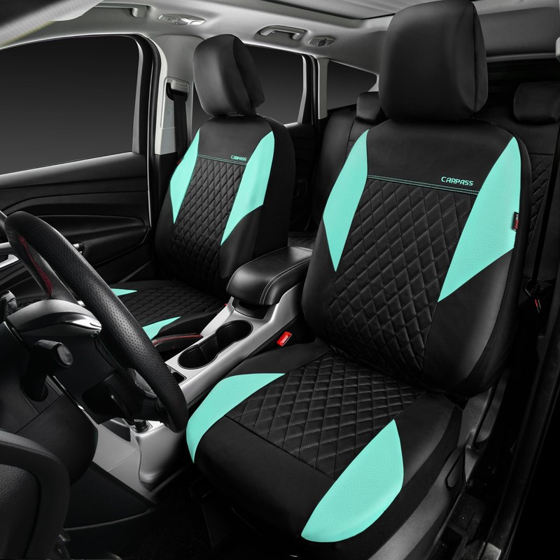 CAR PASS Mint Leather Seat Covers Full Set-Universal Quilting Cute