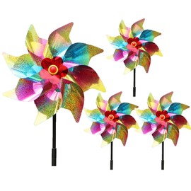 4pcs Rainbow Pinwheels 9.4in Colorful Wind Spinners Reflective Pinwheels Decorative Wind Spinners to Scare Birds Away for Adults Yard Garden Outdoor Decoration Holiday Christmas Decor Gifts