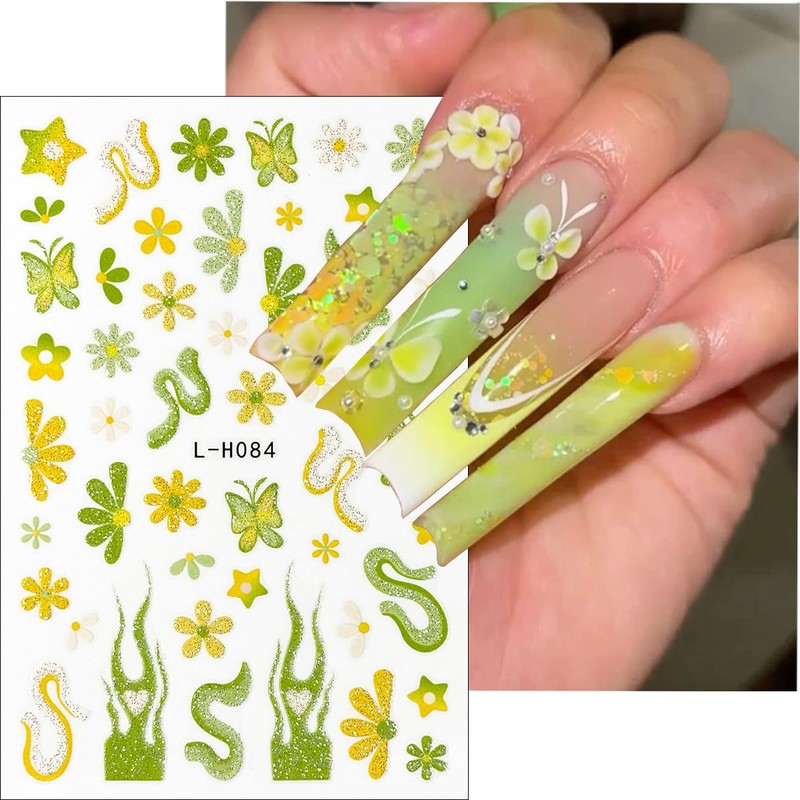 6Pcs Flower Nail Art Stickers 3D Glitter Hibiscus Nail Decals