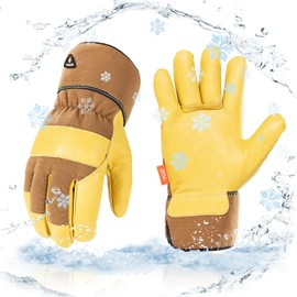 Vgo... 5℃/41°F Warm Winter Safety Pigskin Leather Work Gloves Men,Rigger Gloves,Builder Gloves,Construction gloves 1Pair PA3501FLWP (Brown+Yellow,M)