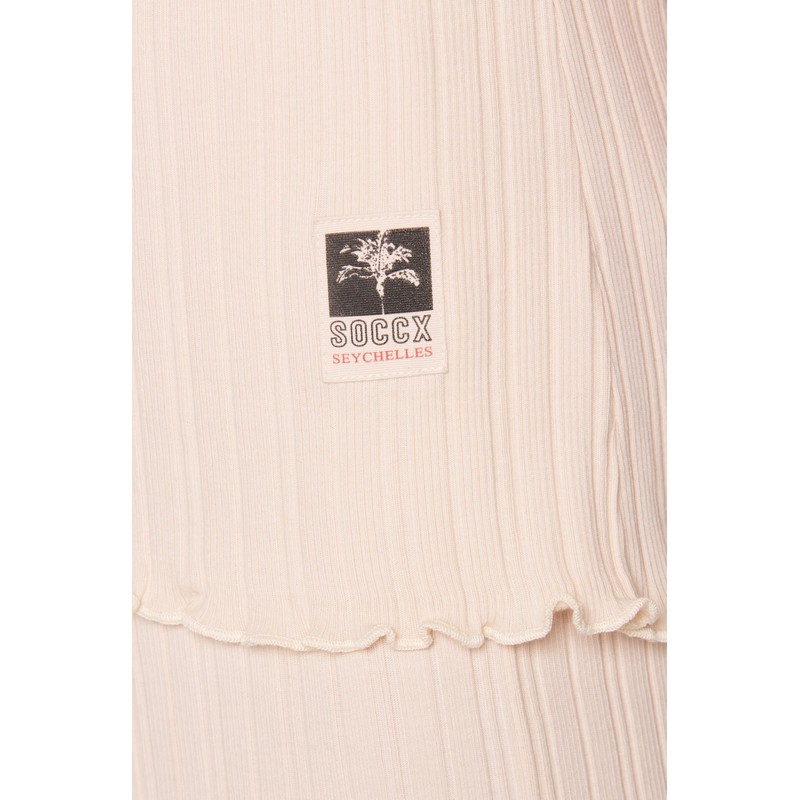 SOCCX Women's Buttoned Ribbed V-Neck Top, Milky Beige, XS