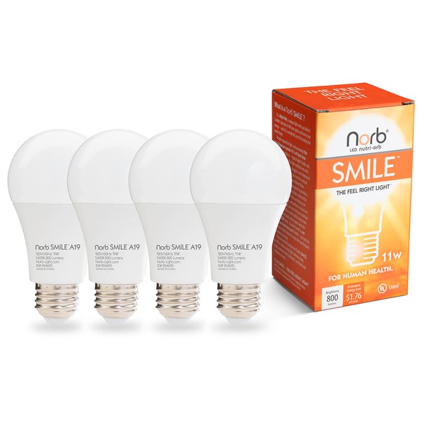 NorbSMILE Full-Spectrum “Sunlike” Premium A19 LED Light Bulb. Boosts Energy, Mood & Performance. Supports Circadian Rhythm. Near-Perfect Color Rendering. Patented Technology US Based (4-Pack)