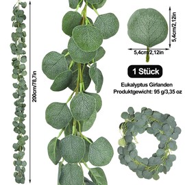 aghoer Eucalyptus Garlands, 2 m Eucalyptus Decoration, Eucalyptus Green Leaf Garland, Eucalyptus Garland, Artificial Hanging Plants, Artificial Eucalyptus Leaves, for Wedding Decoration, Party