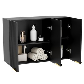 ChooChoo 3-Door Bathroom Wall Cabinet, Fluted Kitchen Wall Cabinet with Adjustable Shelf, Wall Mounted Storage Cupboard for Bathroom, Laundry Room, Entryway, Garage, Black