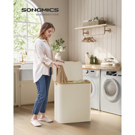 SONGMICS Laundry Hamper with Lid, 3-Section Large Laundry Basket, 52.8-gallon (150L), Removable Mesh Liner, Bamboo Handles, Collapsible, 23.6 x 15.2 x 27.8 Inches, Cream White ULCB515W01