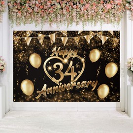 Happy 34th Anniversary Backdrop Banner Decor Black Gold – Glitter Love Heart Happy 34 Years Wedding Anniversary Party Theme Decorations for Women Men Supplies