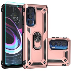 SKTGSLAMY for Moto Edge 2021 Case, with Screen Protector,[Military Grade] 16ft. Drop Tested Cover with Magnetic Kickstand Car Mount Protective Case for Moto Edge 5G UW, Rose Gold