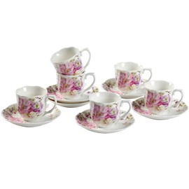 GY 12 PCS Tea Set - 7oz New Bone China tea Cups and Saucers with Pink Flower Pattern Porcelain Cups for Mocha Cappuccino Tea and coffee