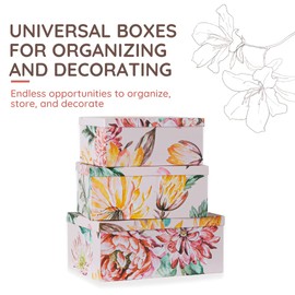 Soul & Lane Decorative Cardboard Storage Boxes with Lids for Home Decor and Organization, Set of 3 Large Keepsake Boxes for Memories & Gifts, Nesting Floral Photo Storage Containers, Beauty in Bloom