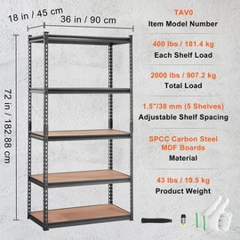 VEVOR Storage Shelving Unit, 5-Tier Adjustable, 2000 lbs Capacity, Heavy Duty Garage Shelves Metal Organizer Utility Rack, Black, 30" L x 12" W x 60" H for Kitchen Pantry Basement Bathroom - Size: 18"D x 36"W x 72"H