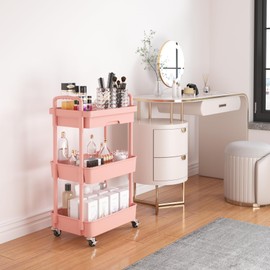 Calmootey 3-Tier Rolling Utility Cart with Drawer,Multifunctional Storage Organizer with Plastic Shelf & Metal Wheel,Storage Cart for Kitchen,Bathroom,Living Room,Office,Pink