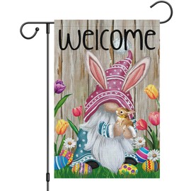 Welcome Easter Gnome Garden Flag 12x18 Double Sided Burlap, Funny Bunny Floral Small Yard Flag Easter Egg Banner for Easter Holiday Farmhouse Yard Outdoor Decor(ONLY FLAG)