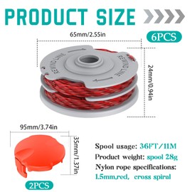 Viilich Pack of 6 grass trimmer thread spools for Flymo FLY021 513937190, standard double nylon spools with automatic feed, with 2 caps (FLY060), replacement thread spool for Flymo Contour XT/500E/500