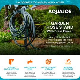 Aqua Joe Steel Garden Hose Stand with Brass Faucet and Quick Install Anchor Base, Gray - Heavy-Duty Standing Tool for Garage, Backyard, and Patio - Outdoor Gardening System Accessories