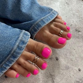 KQueenest Hot Pink Toe Nails False Short Square, Glossy Gel Fake Toe Nails, Pure Color Press on Toes Nail, Acrylic Toe Press on Nail for Women Summer Beach Daily Wear in 24 Pcs